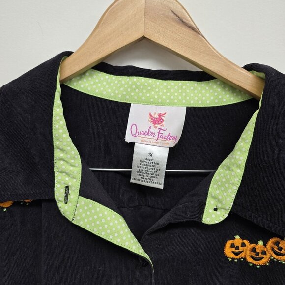 VTG Quacker Factory Black Pumpkin Fall Halloween Button Up Shirt Size 1X - Picture 3 of 7